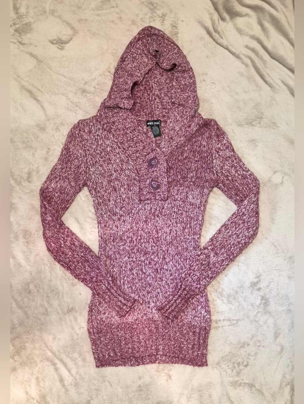 Wet Seal Y2K Burgundy and White Hooded Knit Sweater Size XS (AUTHENTIC LISTING)